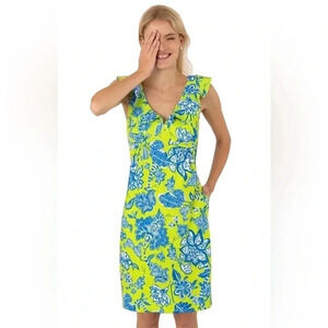 Gretchen Scott Jersey Fling Fantasy Ruffle Dress Pockets Lime Women’s XS